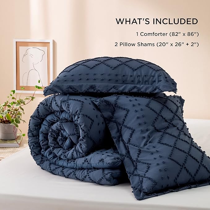 Bedsure Full Size Comforter Set - Navy Blue Comforter, Boho Tufted Shabby Chic Bedding Comforter Set, 3 Pieces Vintage Farmhouse Bed Set for All Seasons, Fluffy Bedding Set with 2 Pillow Shams