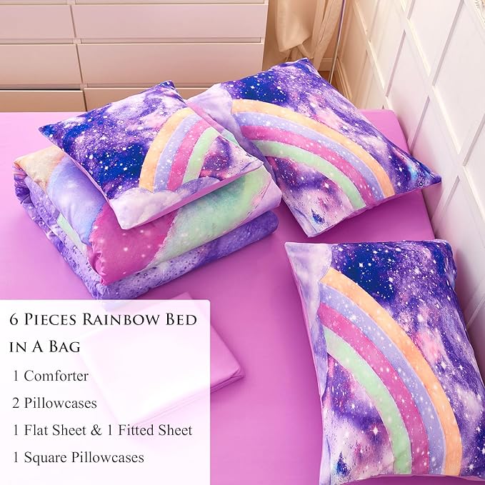 6 Pcs Rainbow Queen Bed in A Bag for Girls/Kids/Teens Purple Tie Dye Comforter Set Galaxy Girls Bedding Comforter Set Soft Gradient Glitter Bed Sets for All Season