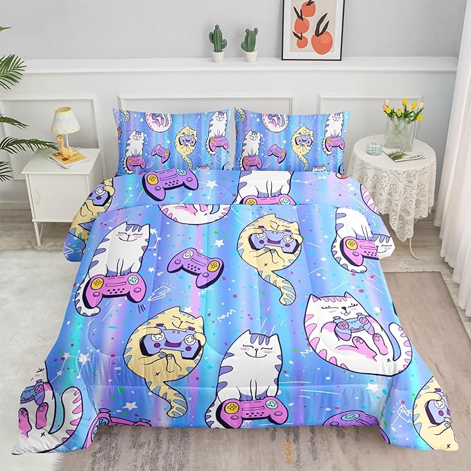 Datura home Cat Comforter Set Blue Kawaii Cat Printed Quilt Bedding Set with 1 Comforter and 2 Pillowcases for Boys and Girls Bedroom All Season(Blue Cat Full)