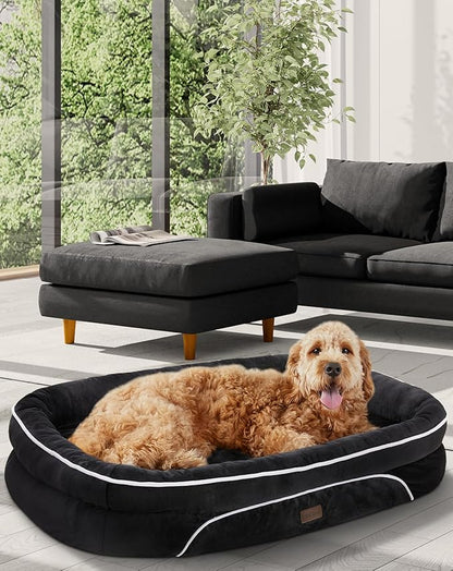 OhGeni Orthopedic Dog Bed Couch for X-Large Sized Pets with Egg Foam Support, Four-Sided Bolster Cushions, Soft Tear-Resistant Fabric, and Removable Machine Washable Plush Cover 42-Inch (Black)