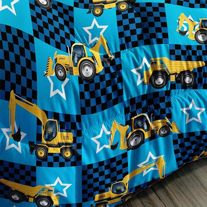 Axolotl Excavator Comforter Set Twin Size,Blue Plaid Comforter Set with Star,Excavator Bedding Set for Kids Boys Teens,Construction Vehicle Comforter Set for Boys,1 Quilt 2 Pillowcases