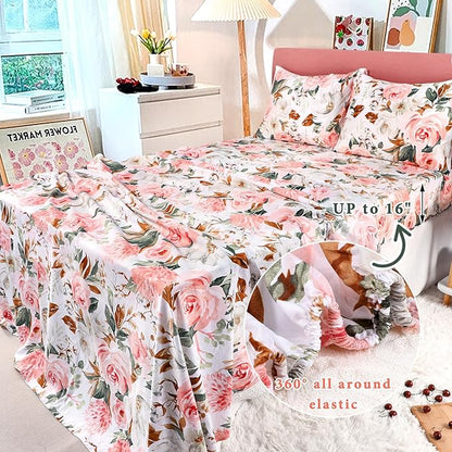DILIMI Twin Comforter Set for Girls, Reversible Pink Floral Comforter Twin Size Bed, 5 Pieces Ultra Soft Twin Bedding Sets with Comforter, Flat Sheet, Fitted Sheet, 2 Pillowcase