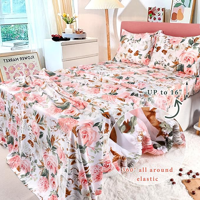 DILIMI Full Size Comforter Set for Girls, Reversible Comforter Full Size, 5 Pieces Ultra Soft Pink Floral Full Size Bed Comforter Sets with Sheet, Comforter, Flat Sheet, 2 Pillowcase