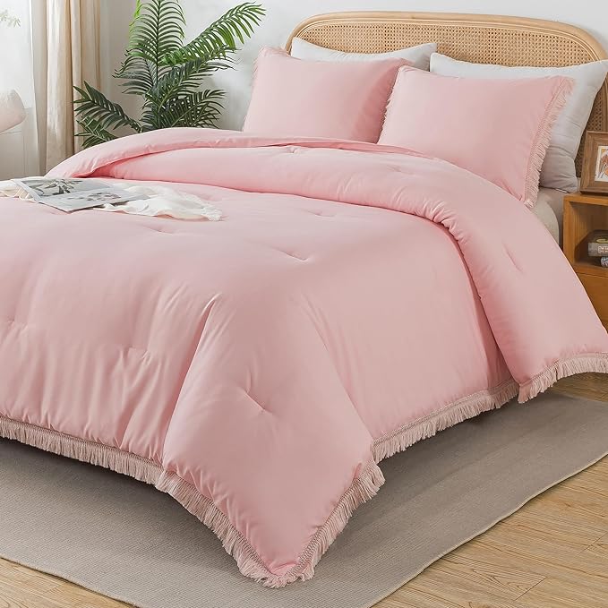 Andency Pink Comforter Set California King for Girls, Boho Women Tassel Lightweight Bedding Comforter Sets, 3 Pieces All Season Soft Fluffy Fringe Bed Set (104x96In Comforter & 2 Pillowcases)