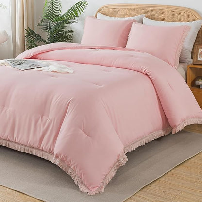 Andency Pink Tassel Comforter Set Full(79x90Inch), 3 Pieces(1 boho Comforter, 2 Pillowcases) Farmhouse Shabby Chic Comforter Set, Soft Microfiber Lightweight Fringe Bedding Comforter Set