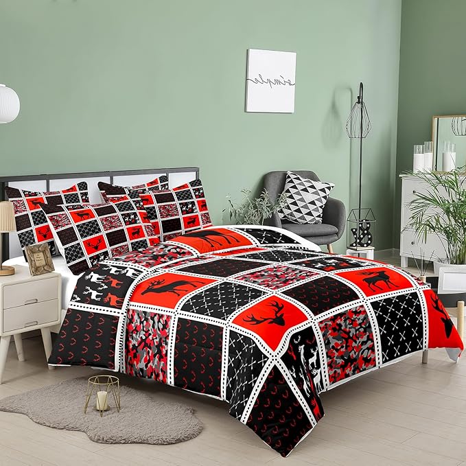 Tailor Shop Deer Comforter Sets for Kids Boys Teens Camo Comforter Sets Twin Size Black and Red Bedding Set Room Decor, Deer Antlers Bed Sets with 1 Pillowcase…