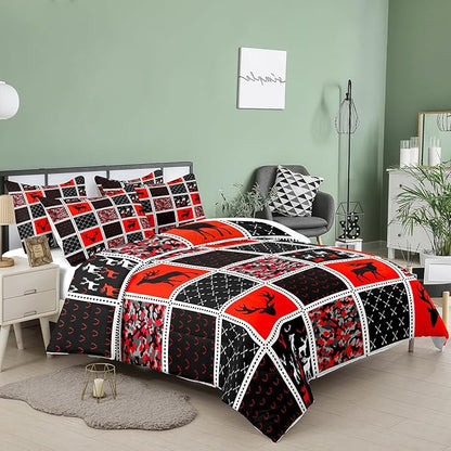 Tailor Shop Deer Comforter Sets for Kids Boys Teens Camo Comforter Sets Twin Size Black and Red Bedding Set Room Decor, Deer Antlers Bed Sets with 1 Pillowcase…