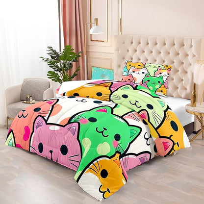 Cat Bedding Twin Size - Cat Comforter Set for Kids Girls Room Cartoon Cat Bedding Set Room Decor Teens Twin Comforter Sets for Girls, 1 Comforter+1 Pillowcase