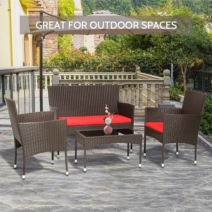 FDW 4 Pieces Wicker Patio Conversation Set Patio Furniture Set with Rattan Chair Loveseats Coffee Table for Outdoor Indoor Garden Backyard Porch Poolside Balcony,Brown Wicker/Red Cushions