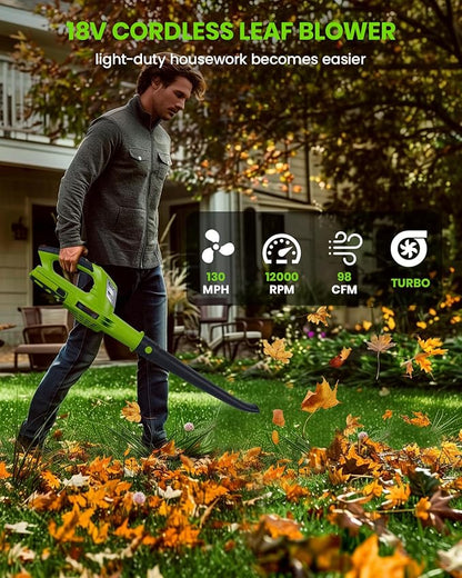 HARDELL 18V Cordless Leaf Blower, Battery Powered Leaf Blower for Lawn Care, Electric Mini Leaf Blower, 130MPH/98CFM, Bright Green (Battery & Charger Included)
