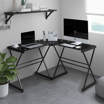 Techni Mobili RTA-3805L-BK L-Shaped Glass Computer Desk, Black, 51" D x 51" W x 29" H