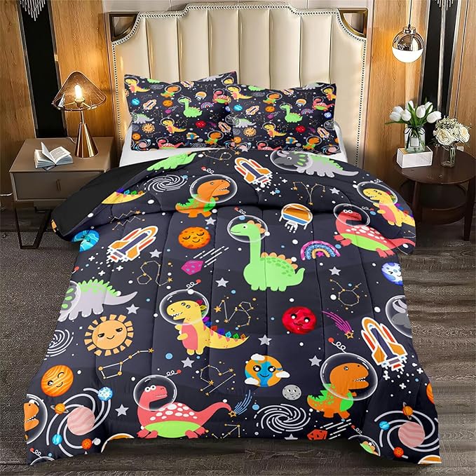 Boys Dinosaur Comforter Set Queen Size, 3Pcs Black Cartoon Dinosaur Bedding Set for Girls Kids Adults Bedroom Decor, Boys Comforter Set for All Season, Lightweight, 1 Quilt with 2 Pillowcases