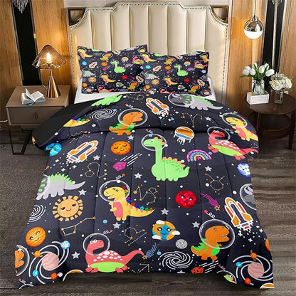 Boys Dinosaur Comforter Set Queen Size, 3Pcs Black Cartoon Dinosaur Bedding Set for Girls Kids Adults Bedroom Decor, Boys Comforter Set for All Season, Lightweight, 1 Quilt with 2 Pillowcases