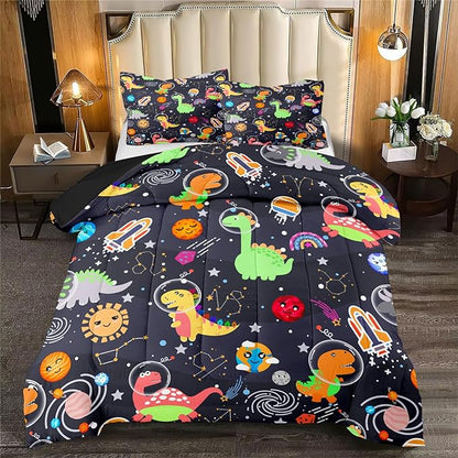 Cartoon Dinosaur Comforter Set - Boys Full Size Dinosaur Bedding Set for Bedroom Dinosaur Quilt with 2 Pillowcases for Kids Girls Boys Room Decor Lightweight Dino Comforter for All-Season, 3 Pieces
