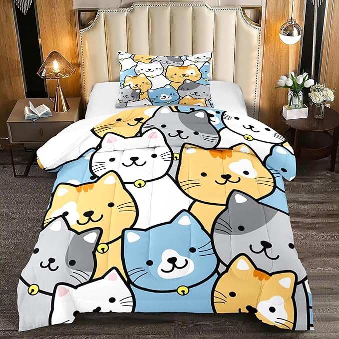 Cat Comforter Twin Size Cartoon Cat Comforter Set Cute Cat Print Bedding Sets for Girls Room Kids Cat Twin Quilt Set, 1 Comforter+1 Pillowcase