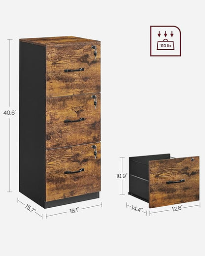 VASAGLE 3-Drawer Vertical File Cabinet, Filing Cabinet for Home Office, Printer Stand, with 3 Lockable Drawers, Adjustable Hanging Rail, for A4 and Letter-Size Files, Rustic Brown and Black UOFC055B01