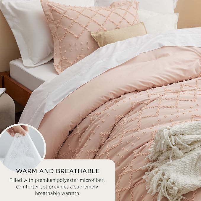 Bedsure Full Size Comforter Set - Coral Pink Comforter, Boho Tufted Shabby Chic Bedding Comforter Set, 3 Pieces Vintage Farmhouse Bed Set for All Seasons, Fluffy Bedding Set with 2 Pillow Shams