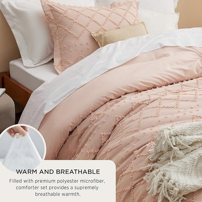 Bedsure Queen Comforter Set - Coral Pink Comforter, Boho Tufted Shabby Chic Bedding Comforter Set, 3 Pieces Vintage Farmhouse Bed Set for All Seasons, Fluffy Soft Bedding Set with 2 Pillow Shams