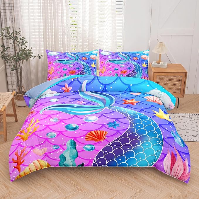 NINENINE Mermaid Tail Bedding Sets for Teens Girls,Purple Princess Comforter Sets Girls,Blue Glitter Bedding Sets,Sparkly Fish Scales Comforter Sets with 1 Comforter 2Pillowcases