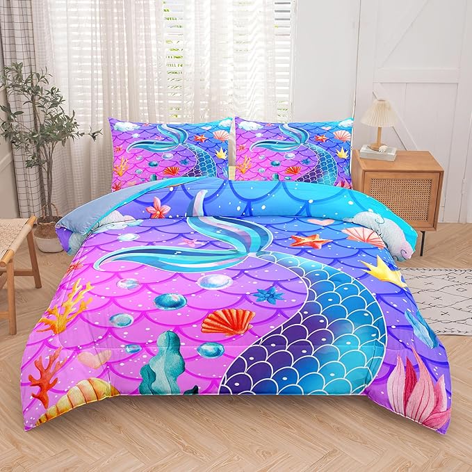 NINENINE Purple Mermaid Tail Comforter Sets for Girls,Twin Princess Bedding Sets for Teens Girls,Blue Glitter Comforter Sets,Sparkly Fish Scales Comforter Sets with 1 Comforter 1Pillowcase