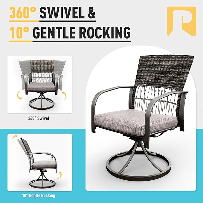 Pamapic 7 Piece Patio Dining Set for 6,Wicker Outdoor Furniture Set for Backyard Garden Deck Poolside with Iron Slats Table Top,6 Cushions Swivel Rocker Chairs,Removable Cushions(Gray)