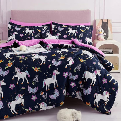 Mooreeke Kids Comforter Bed Set Twin Size for Girls, 6 Pieces Bed in a Bag with Shams, Sheet Set, Purple Pink Unicorn Twin Soft Microfiber Kids Comforter Bedding Set
