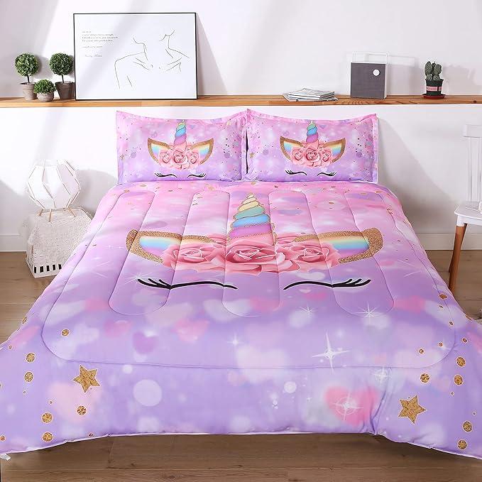 Unicorn Kid's Comforter Set 3pc Pink Flower Girl Soft Unicorn Bedding Sets
