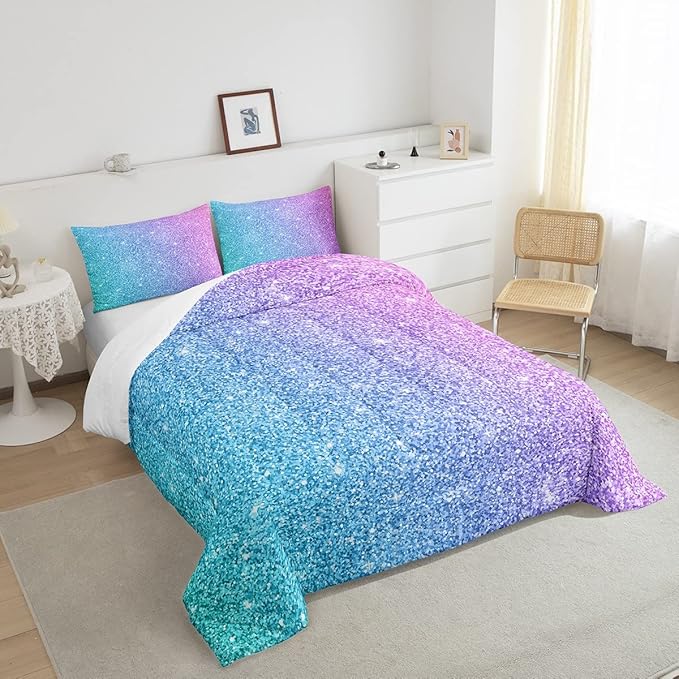 Colorful Glitter Bedding Queen Girly Turquoise Teal Blue Pink Pastel Girls Comforter Set 3 Pcs Trendy Quilt Duvet for Kid Women Down Comforter with Sparkle Sequin Pattern Bling Bedroom Decor Bed Cover