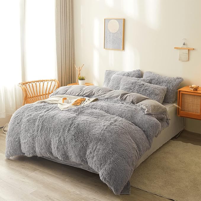 FOPPA Gray fluffy Comforter Cover Set king- Ultra Soft fluffy gray Bedding Sets 3 Pieces (1 Duvet Cover + 2 Pillow case) pink fluffy bed set (Gray, King)