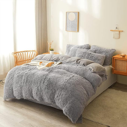 FOPPA Gray Fuzzy Plush Comforter Cover Set Queen - Ultra Soft Plush Gray Bedding Sets 3 Pieces (1 Faux Fur Duvet Cover + 2 Shaggy Pillow case) Fluffy Bed Set (Gray, Queen)