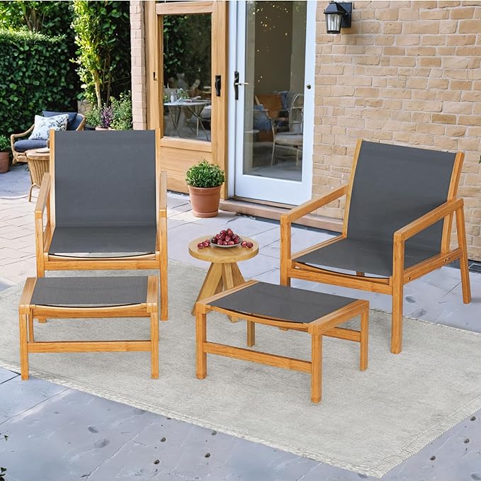 Greesum 4 Piece Furniture Outdoor Acacia Wood Chair with Ottoman for Porch, Balcony, Deck, Patio, Backyard, Gray
