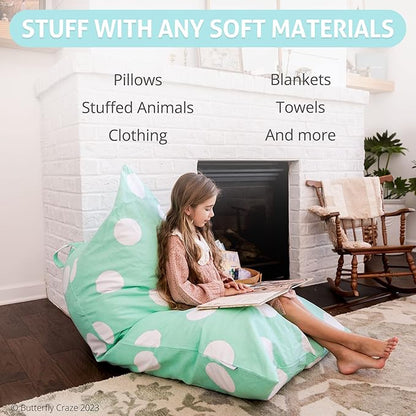Butterfly Craze Bean Bag Chair Cover, Functional Toddler Toy Organizer, Fill with Stuffed Animals to Create a Jumbo, Comfy Floor Lounger for Boys or Girls, Stuffing Not Included, Aqua Polka Dots