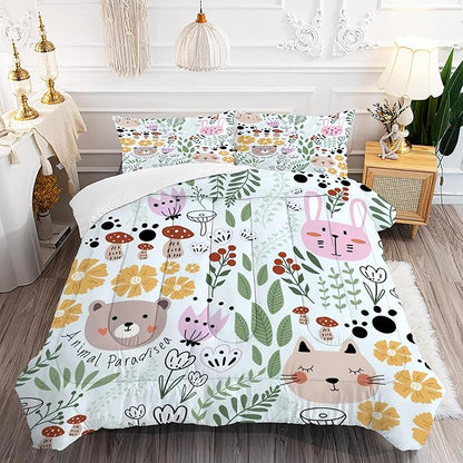 Floral Cat Bedding Full Size Cartoon Cats Comforter Set for Girls Boys Kids Teen Children Green Animals Print Bedroom Dorm Quilt 1 Comforter + 2 Pillow Cases