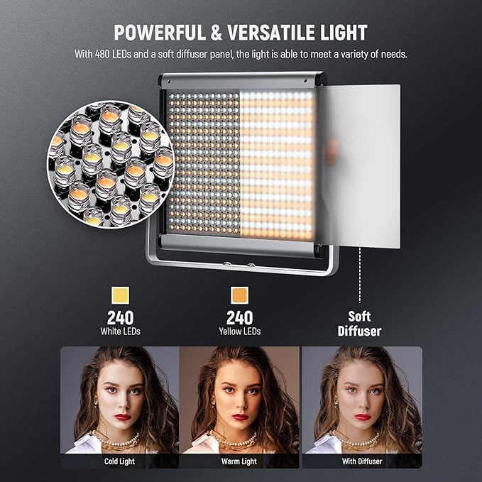 Neewer 2 Packs Dimmable Bi-Color 480 LED Video Light and Stand Lighting Kit Includes: 3200~5600K CRI 96+ LED Panel with U Bracket, 75 inches Light Stand for YouTube Studio Photography, Video Shooting