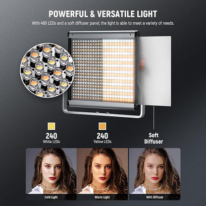 Neewer 2 Packs Dimmable Bi-Color 480 LED Video Light and Stand Lighting Kit Includes: 3200~5600K CRI 96+ LED Panel with U Bracket, 75 inches Light Stand for YouTube Studio Photography, Video Shooting