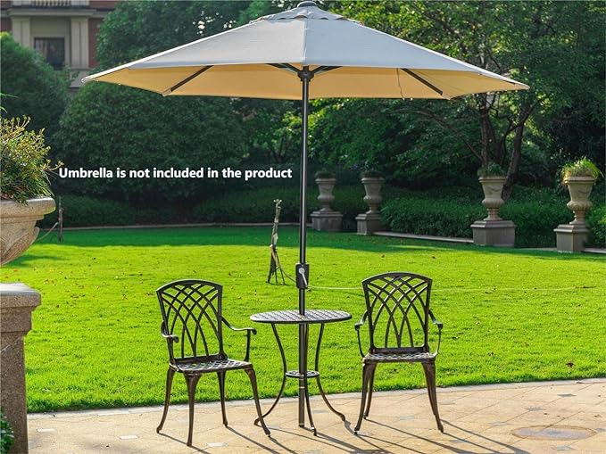 Bistro Set 3 Piece Rustproof Cast Aluminum Patio Furniture Sets Round Table with Umbrella Hole for Outdoor, Patio, Balcony, Bronze