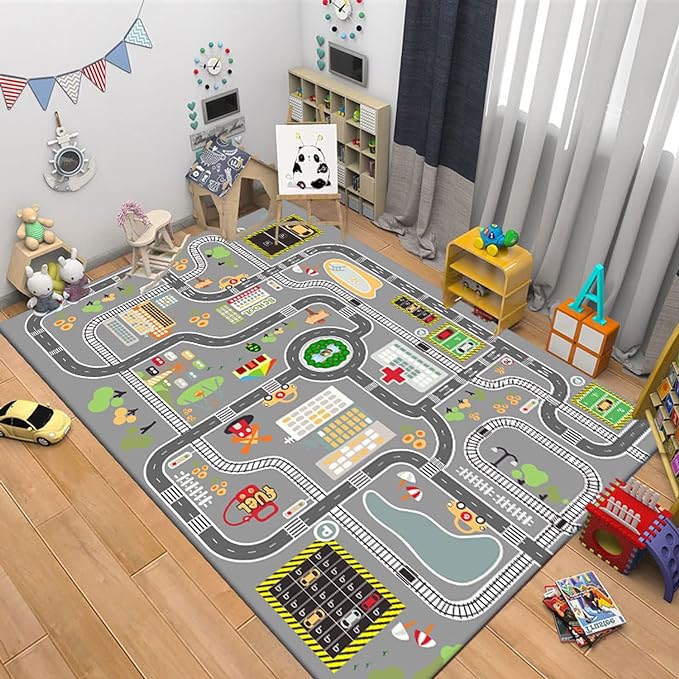 Kids Rug Play Mat Great for Playing with Cars and Toys,Educational Kid Road and Traffic City Life Carpet,Children Baby Fun Throw Rug for Bedroom Play Room,24X35Inch/60X90CM