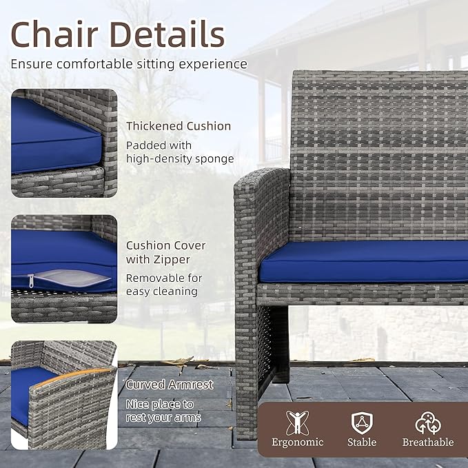 Shintenchi 4-Piece Outdoor Gray Wicker Patio Conversation Furniture Set, Rattan Patio Furniture Set with Weather Resistant Cushions and Tempered Glass Tabletop,Navy Blue