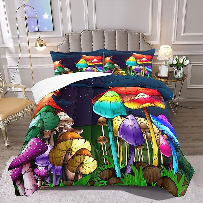 Mushroom Twin Comforter Sets for Girls Mushroom Print Kids Twin Bedding Set Mushroom Twin Girls Bedding Set Twin Comforter Set for Girl, Colorful, 1 Comforter+1 Pillowcase