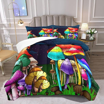 Mushroom Girls Full Size Bedding Sets Fantasy Mushroom Full Size Kids Bedding Set Girl Full Size Mushroom Series Comforter Set Full Size Girls Bedding Set Room Decor, 1 Comforter+2 Pillowcases