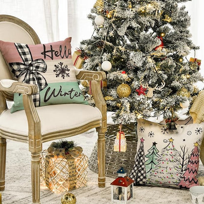AVOIN colorlife Merry Christmas Joy Xmas Trees Colorful Throw Pillow Covers, 18 x 18 Inch Christmas Winter Holiday Cushion Case Decoration for Sofa Couch Set of 4