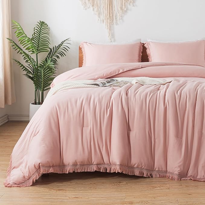Andency Pink Comforter Set Full Size for Girls, Blush Boho Women Tassel Lightweight Bedding Comforter Sets, 3 Pieces All Season Soft Fluffy Fringe Bed Set (79x90In Comforter & 2 Pillowcases)