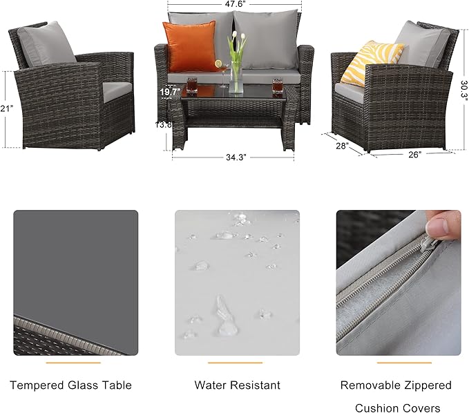 Solaste 4 Piece Patio Outdoor Furniture Sets,Patio Conversation Sofa Wicker Chair with Cushion,Hand Woven Rattan Sofa for Porch Backyard Outside Garden Lawn Yard,Grey