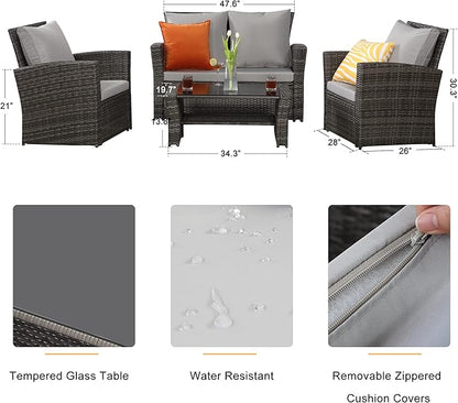 Solaste 4 Piece Patio Outdoor Furniture Sets,Patio Conversation Sofa Wicker Chair with Cushion,Hand Woven Rattan Sofa for Porch Backyard Outside Garden Lawn Yard,Grey