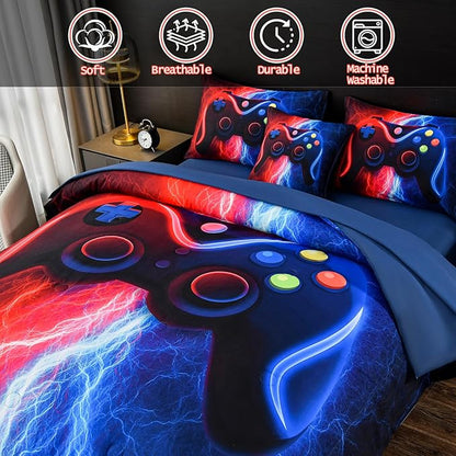 DORCAS Gamer Comforter Sets with Sheets for Boys,Full Size Gamer Bedding Sets Boys,6 Pieces Lightning Gaming Bedding Set for Boys Kids Teens(Red&Blue, Full)