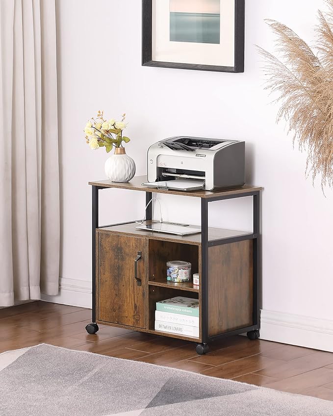 Lateral File Cabinet,Office Filing Cabinets with Socket and USB Charging Port,Modern Rolling Printer Stand with Storage for A4, Letter Size and File Folders,for home office, Rustic Brown