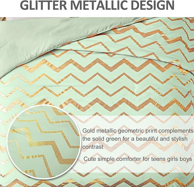 Sage Green/Gold Comforter Set Queen, Metallic Print Glitter Bedding Set Cute Shinny Bed Sets for Teen Girls Kids Women, 4 Piece (2 Pillowcases, 1 Decorative Pillow Sham)