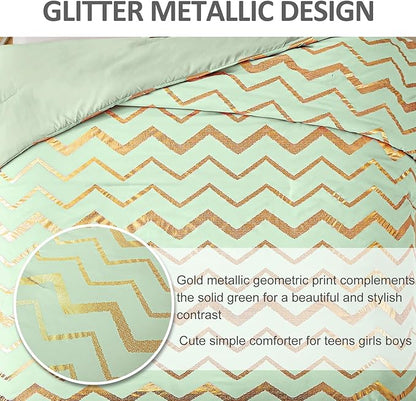 Sage Green/Gold Comforter Set Queen, Metallic Print Glitter Bedding Set Cute Shinny Bed Sets for Teen Girls Kids Women, 4 Piece (2 Pillowcases, 1 Decorative Pillow Sham)