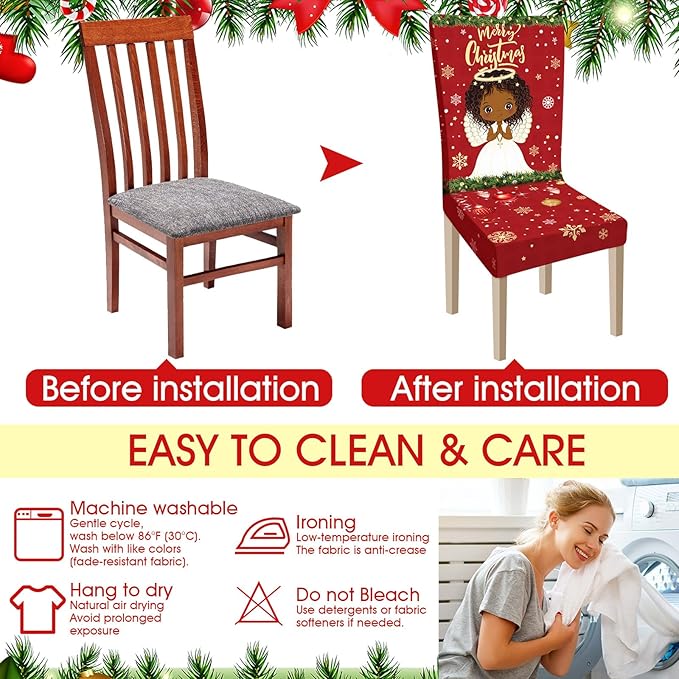 Ganeen 6 Pcs Christmas Chair Covers Merry Christmas Chair Back Cover Stretch Christmas Seat Cover Washable Xmas Dining Chair Protector Slipcover for Dining Room Kitchen Holiday Party (African Style)