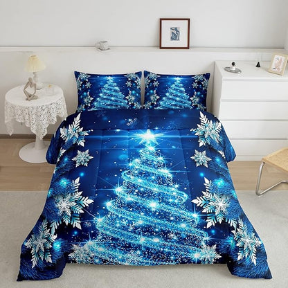 Feelyou Christmas Tree Comforter Set King Xmas Snowflake Comforter for Girls Women Daughter New Year Room Decor Blue Glitter Merry Christmas Bedding Set Winter Warm Soft Quilted Duvet Boys
